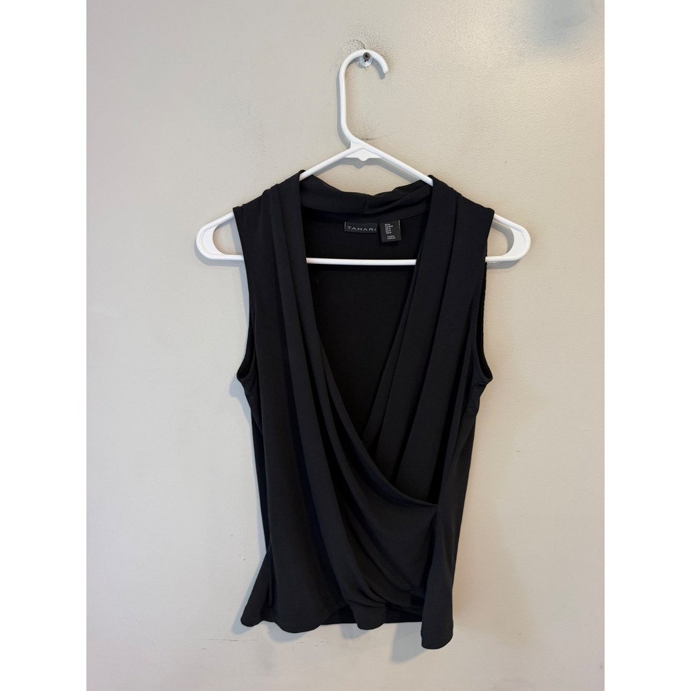 Tahari Womens Black Sleeveless V-Neck Draped Surplice Wrap Blouse Top Size M